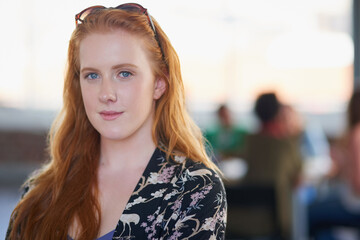 Education, student and woman in college classroom for development, knowledge and future. Learning, portrait and confident person in university campus for scholarship, academic growth and pride