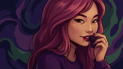 Digital illustration of an Asian woman with vibrant pink hair eating a dark berry against a swirling purple and green abstract background.