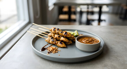 Grilled Chicken Satay Skewers served with traditional creamy Peanut Sauce and fresh Lime wedges, plated beautifully in a contemporary restaurant environment.