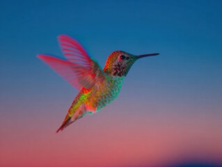 Obraz premium Modern Majestic Hummingbird in Flight Glitch Purple Tones for Wildlife Education and Inspiring Commercial Content