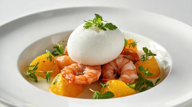 Succulent shrimp salad with citrus segments, creamy sorbet and herb studded seafood garnish