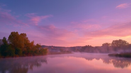 Fototapeta premium A serene lakeside view at dawn, with mist rising from the water's surface and soft pastel colors painting the sky as silhouettes of trees emerge against the light. cinematic color correction,