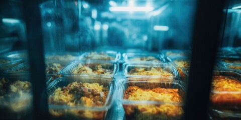 Prepared diet meals in rectangular lunch boxes for convenient food delivery service, promoting healthy eating for busy lifestyles in a cool-toned food display concept