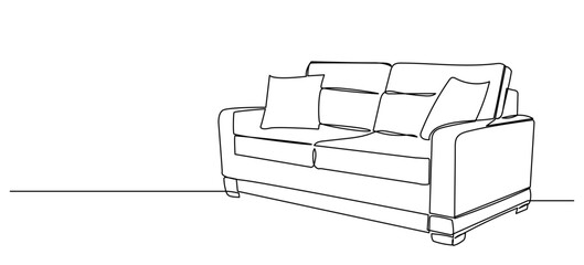 continuous line drawing of a modern two-seater sofa with cushions. A clean, elegant black-and-white sketch, a single fluid stroke.a comfortable sofa in a minimalist Vector illustration.