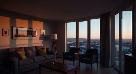 Modern Living Room with Large Windows Sunset View Cozy Elegant Interior