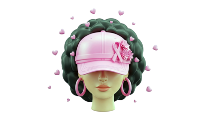 3D Avatar with Pink Cap, Breast Cancer Awareness Ribbon, and Hearts