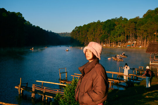 A Thai woman at "Pang Ung" a major tourist destination in northern Thailand known for its cold weather and beautiful natural scenery, located in Mae Hong Son province.