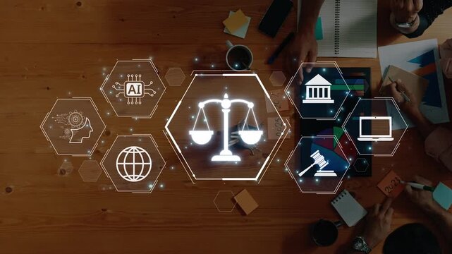 A creative workspace showcases the intersection of technology and law, featuring AI elements and modern legal symbols on a wooden table surrounded by professionals. Raster