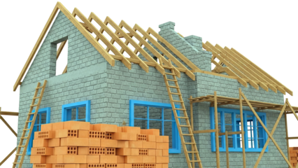 House under construction with brick walls, wooden roof trusses, and stacked bricks