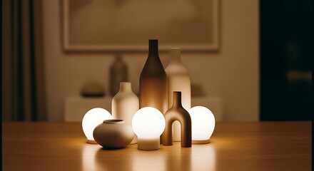 Elegant Ceramic Vases and Glowing Lamps in Warm Modern Interior