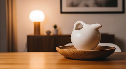 White Ceramic Pitcher on Wooden Tray in Cozy Modern Living Room