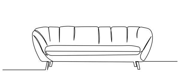 continuous line drawing of a modern two-seater sofa with cushions. A clean, elegant black-and-white sketch, a single fluid stroke.a comfortable sofa in a minimalist Vector illustration.