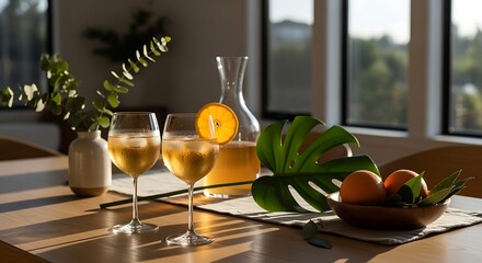 Elegant Sunlit Table with Glasses of Lemonade and Decorative Greenery in Modern Home