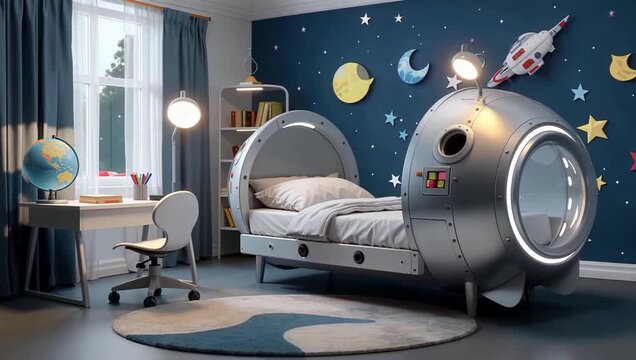 Space themed kids bedroom with futuristic spaceship bed and playful wall decor.