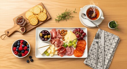 Assorted Breakfast Food with Tea and Fresh Fruits on Wooden Table