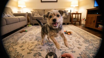 Happy Mixed Breed Dog Playing in Cozy Living Room