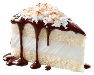 Slice of cake with chocolate ganache and toasted coconut