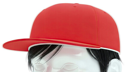 Red baseball cap on a white mannequin head with black hair