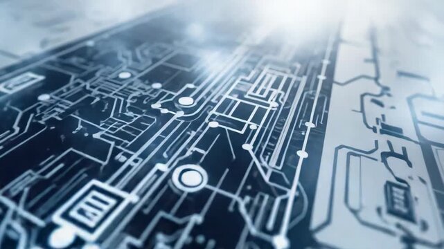 Futuristic circuit board close up electronic pattern with glowing traces and sleek technology