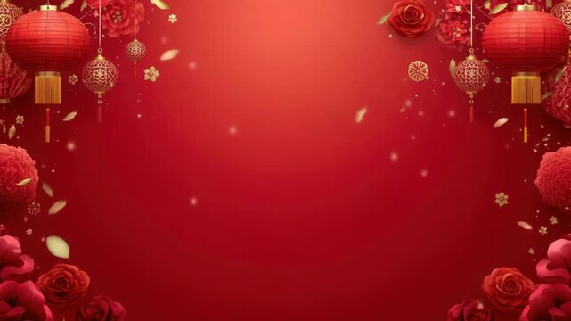 Red lantern festival background with hanging lanterns, gold petals and red rose floral celebration
