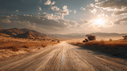 A dirt road winds through a desert landscape under a cloudy sky, with mountains in the background