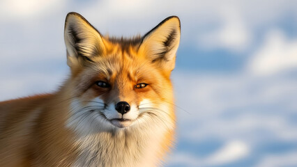 Fototapeta premium Close Up Portrait of a Red Fox with Funny Calm Expression in Snowy Winter Background