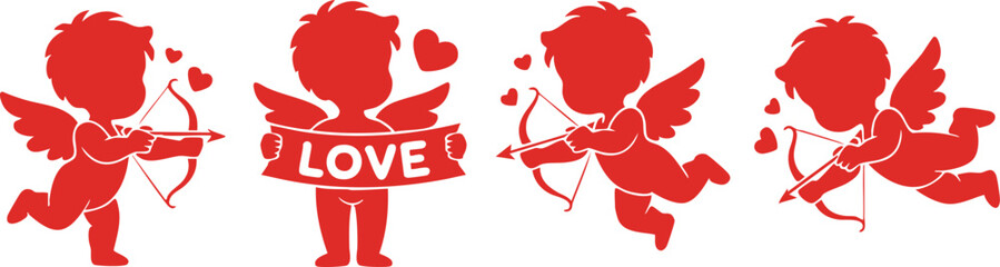 Obraz premium Red Valentine's Day Cupids with Bows and Arrows, Whimsical Cupid Illustration Set with 