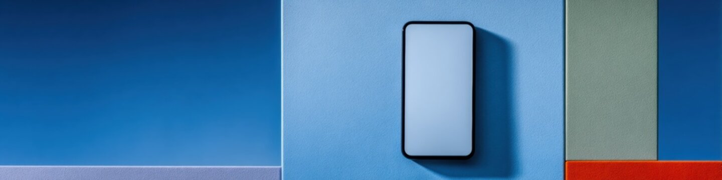 Black smartphone frame with blank vertical screen floating on a blue background, ideal for digital product mockups and web design with ample copy space