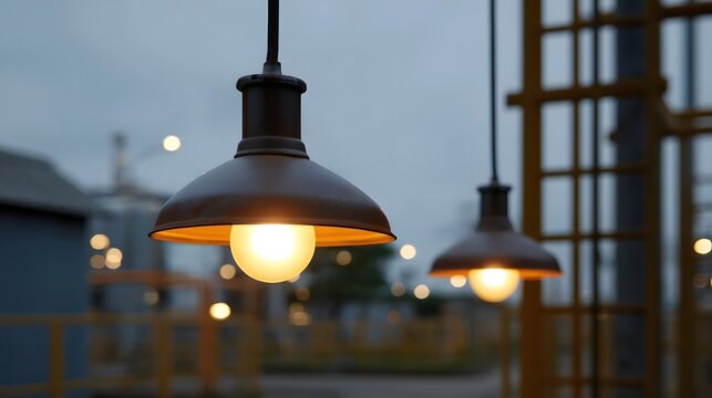 Warmly illuminated vintage industrial pendant lamps hang against a blurred twilight sky creating a cozy atmosphere