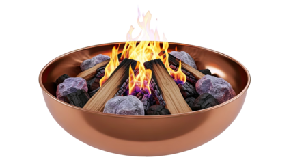 Copper Fire Pit with Burning Wood, Charcoal, and Rocks
