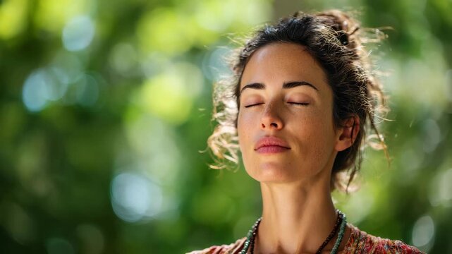 Woman with closed eyes practicing mindfulness and zen meditation in nature