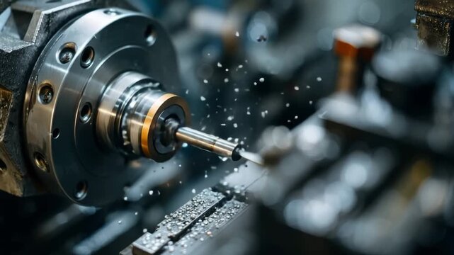 Industrial cnc lathe processing steel parts, creating chips and using cooling fluid in a factory