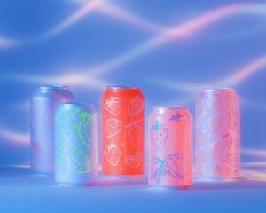 Trendy soda with various colorful aluminum cans depicting raspberry, strawberry, and watermelon fruit flavors, glowing in Iris Dream and Watermelon palette for beverage advertising and social media