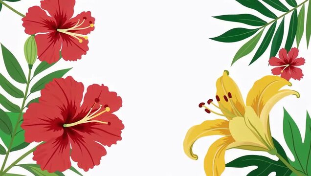 Vibrant tropical hibiscus and yellow lily floral pattern.