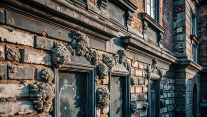 Moldy decay on a centuriesold buildings facade reveals the telltale signs of fungal growth and bacterial invasion into weathered brickwork