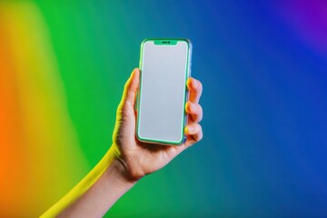 Hand holding smartphone angled with blank white screen for marketing app design and mobile UI presentations with high contrast Plasma Blue and Neon Violet color accents and copy space
