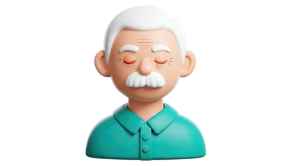 3D Cartoon Elderly Man with White Hair and Moustache, Eyes Closed