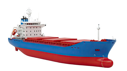 Fototapeta premium Blue and red cargo ship with container covers