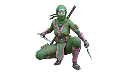 Female Ninja Crouching with Shuriken and Katana