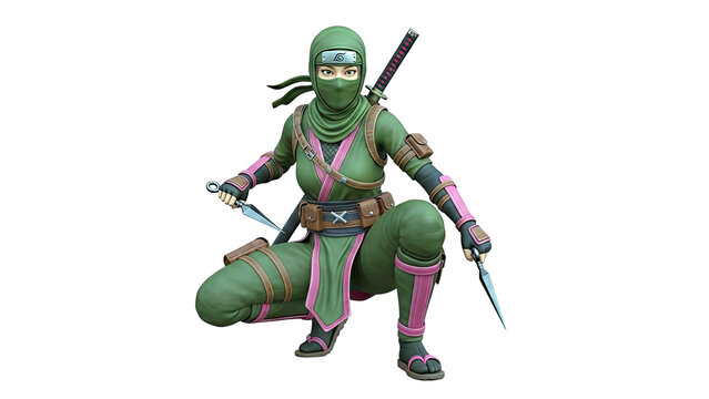 Female Ninja Crouching with Shuriken and Katana