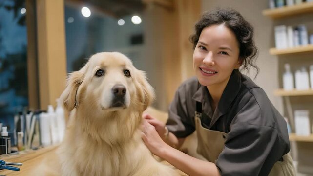 A groomer trimming a dog&rsquo;s nails while explaining proper hygiene habits to the owner, bright grooming tools arranged neatly nearby &mdash; preventive grooming care, pet hygiene, and stress-free grooming