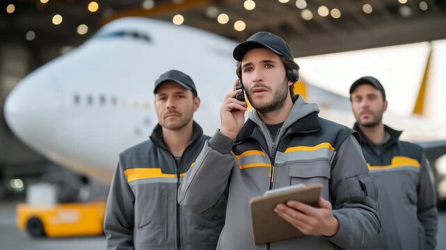 A group of ground crew communicating through radios as they manage aircraft pushback, a tug vehicle slowly moving the jet from the gate &mdash; teamwork, pushback procedures, and synchronized aviation