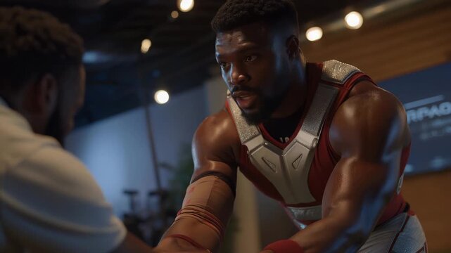 A high-performance athlete training in a biomechanics facility, motion-capture sensors tracking every movement while a coach reviews detailed kinetic analytics &mdash; elite sports science, peak physical