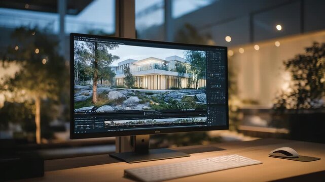 A high-performance graphics workstation powering 3D modeling software as designers craft photorealistic environments, GPU fans humming steadily &mdash; creative industry computing, digital production