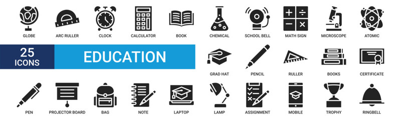 Education icon set. Containing globe, arc ruller, clock, calculator, book, chemical, school bell and more. Glyph vector icons collection.