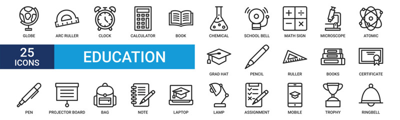 Education icon set. Containing globe, arc ruller, clock, calculator, book, chemical, school bell and more. Line vector icons collection.