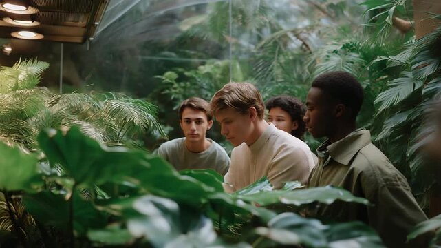 A multicultural group of botanists tending to a greenhouse filled with plants from their respective regions, comparing growth patterns and cultural meanings &mdash; biodiversity preservation, global