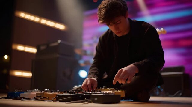 A musician tuning gear on stage, audio cables snaking toward amplifiers and pedals while colorful stage lights wash over the scene &mdash; live performance setup, professional audio routing, and concert