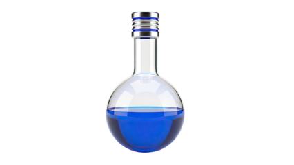 Round bottom flask with blue liquid and silver cap