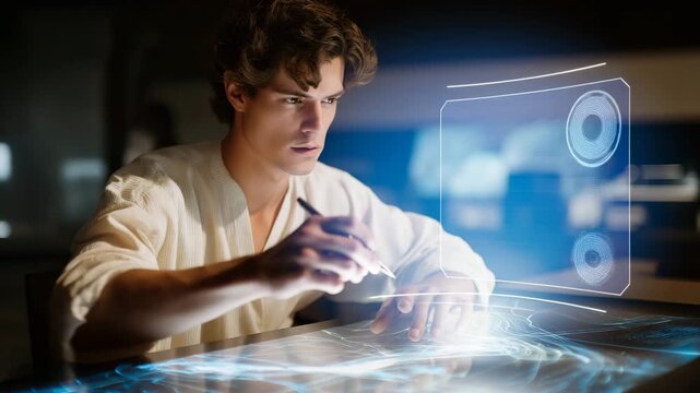 A researcher studying airflow dynamics around airplane wings in a virtual simulation lab, holographic wind currents shifting as parameters are adjusted &mdash; aerospace engineering, computational fluid